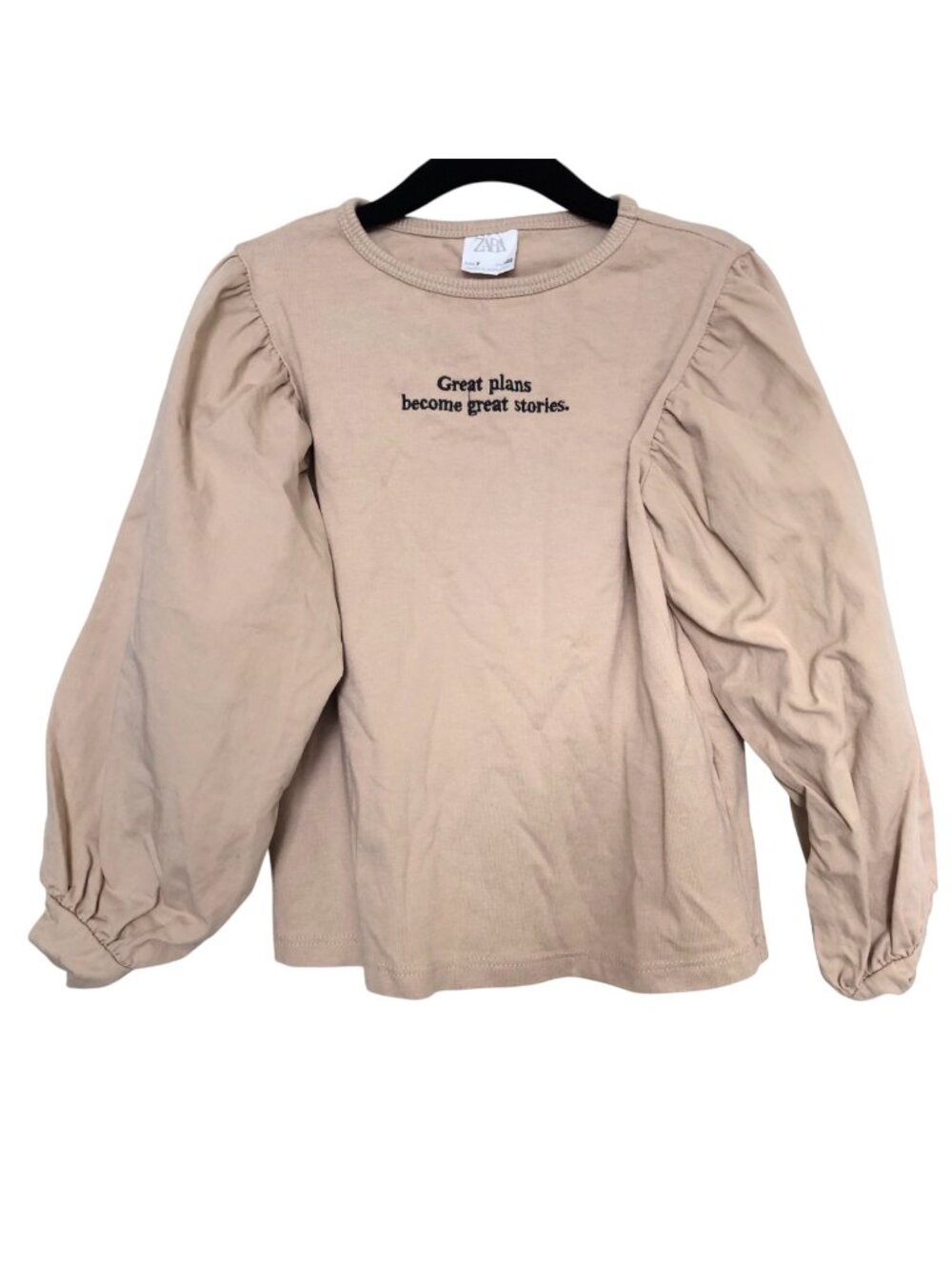 Zara Girls Beige Inspirational Quote Long Puff Sleeve Top Size 7